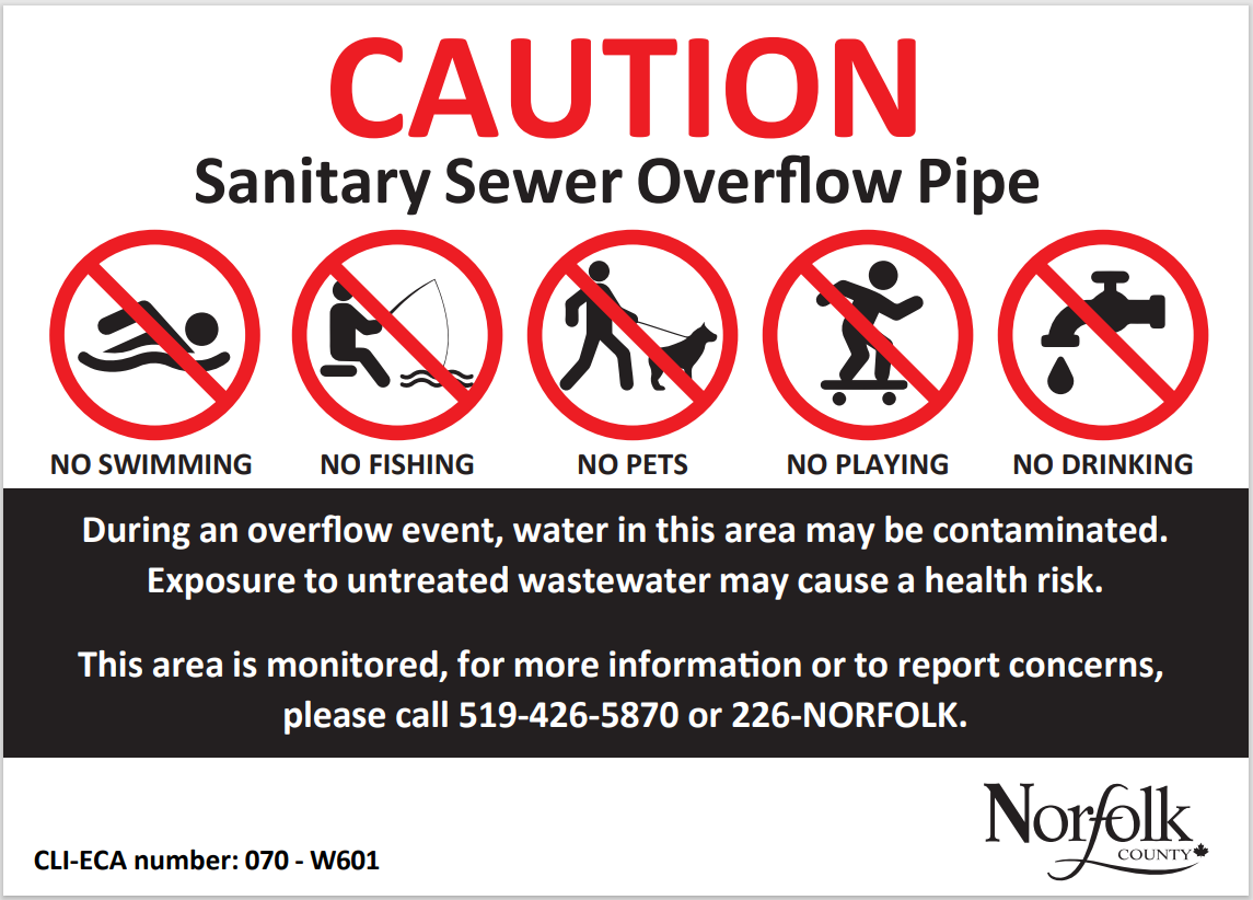 Caution: Sanitary Sewer Overflow Pipe sign