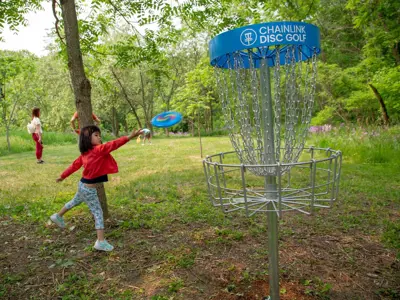 Children play disc golf in the forest