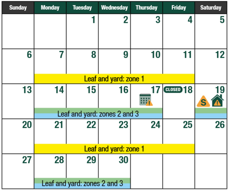 April Calendar showcasing the leaf and yard zone collection which is also listed below.