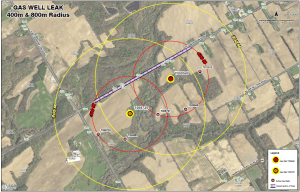 H2S map showing areas affected by hydrogen sulphide leaks.