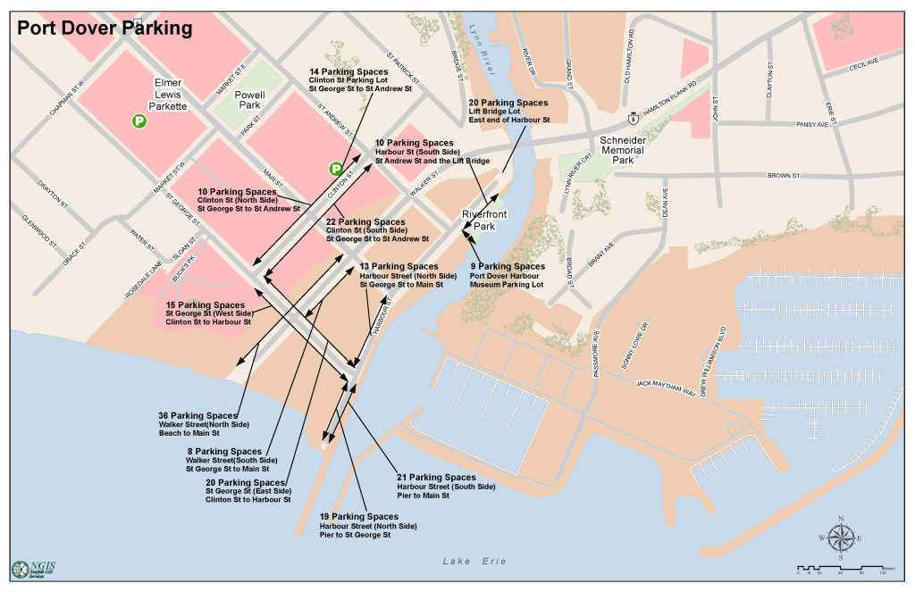 Image of former Port Dover Paid Parking Map - for more email parking@norfolkcounty.ca 