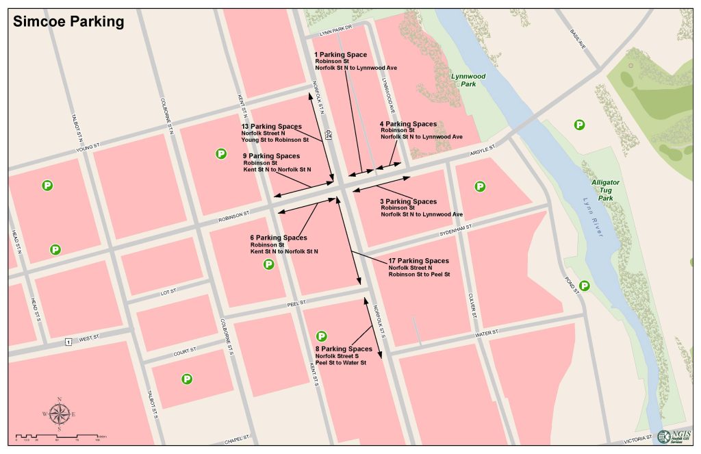 Image of former Simcoe Paid Parking Map - for more email parking@norfolkcounty.ca 