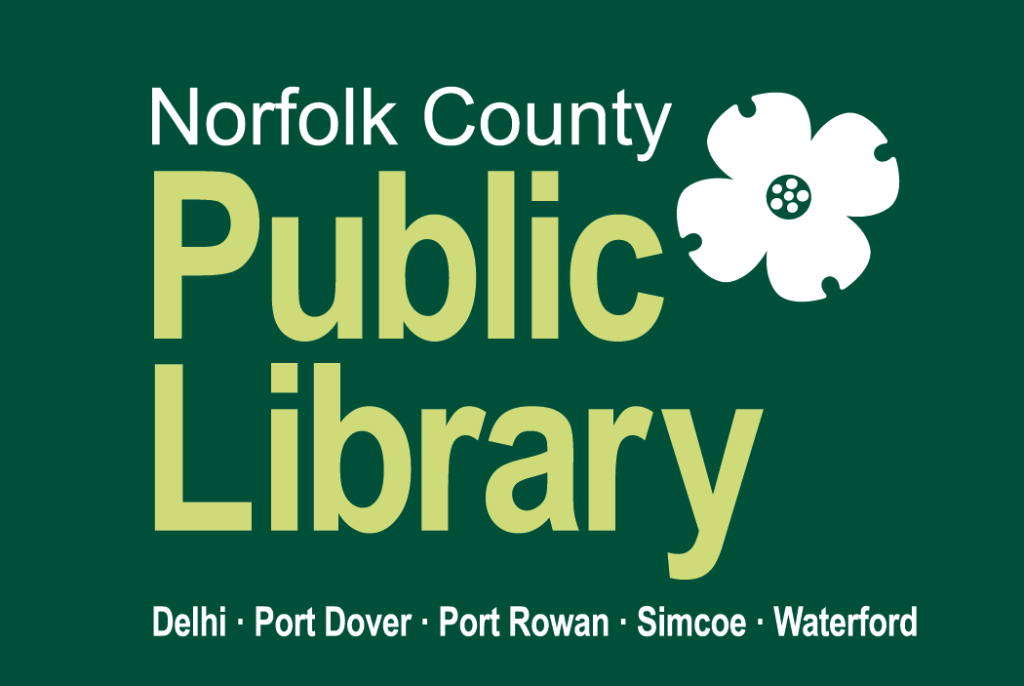 Norfolk County Public Library logo. Delhi, Port Dover, Port Rowan, Simcoe, and Waterford. ncpl.ca.