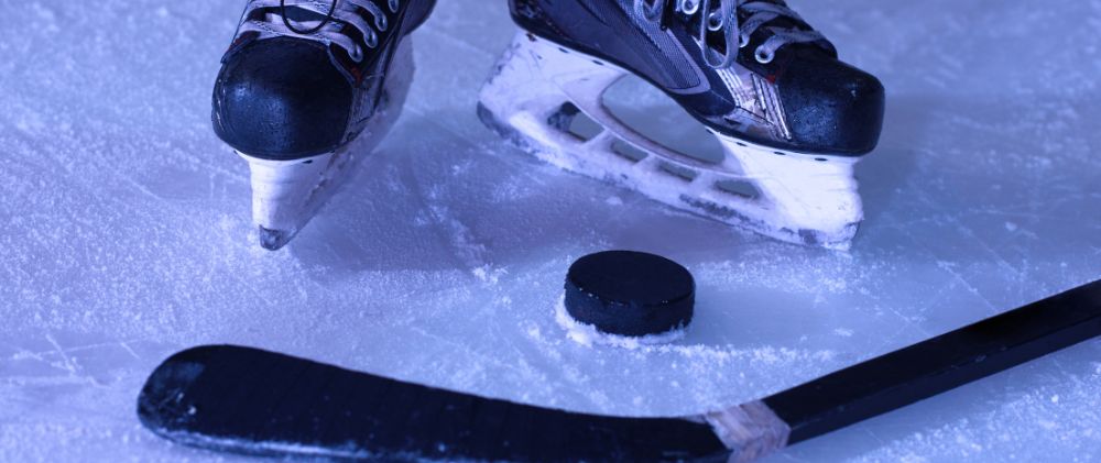 Photo of hockey stick skates, and puck